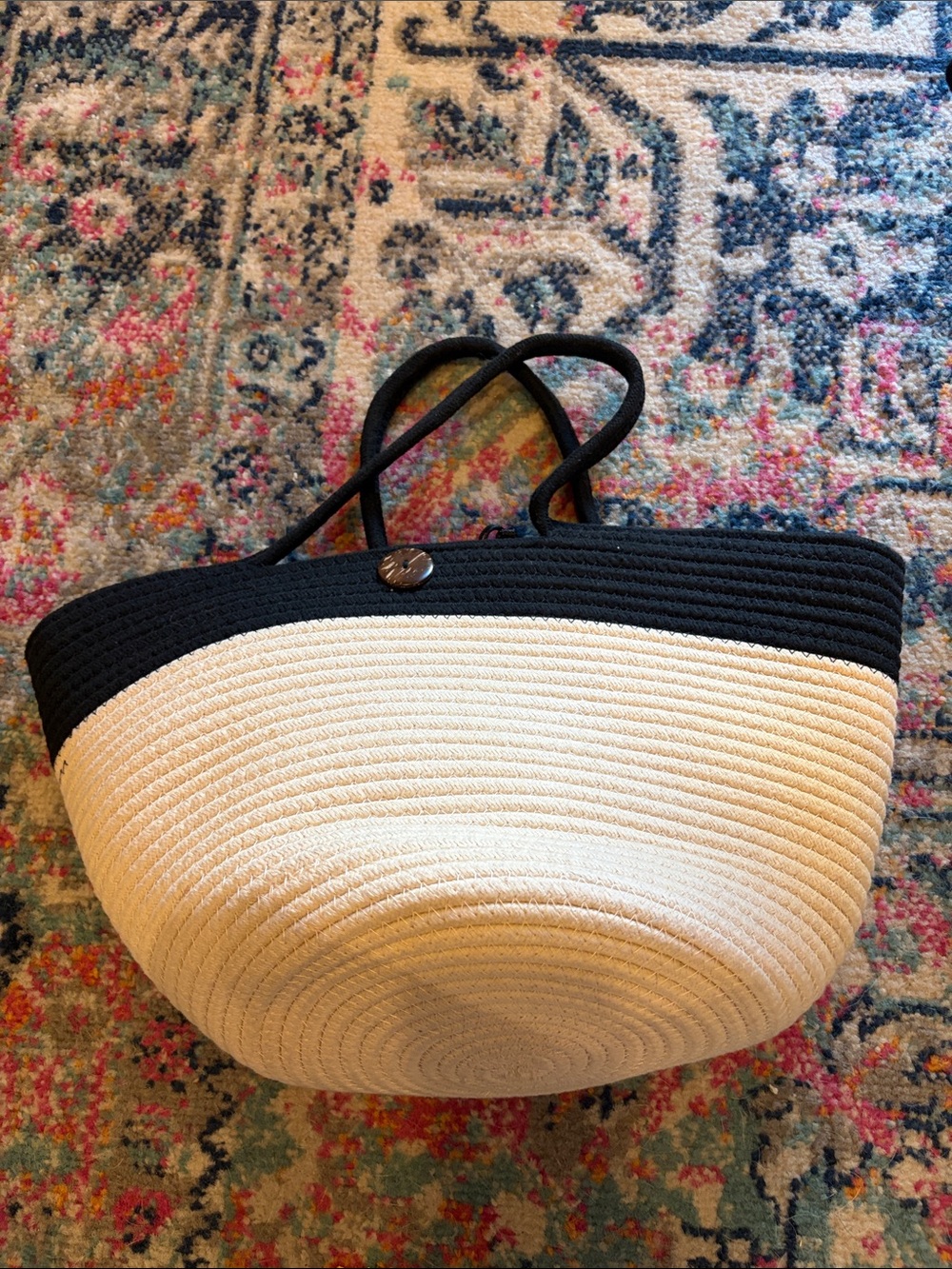 Two-Tone Black and Cream Woven Tote Bag